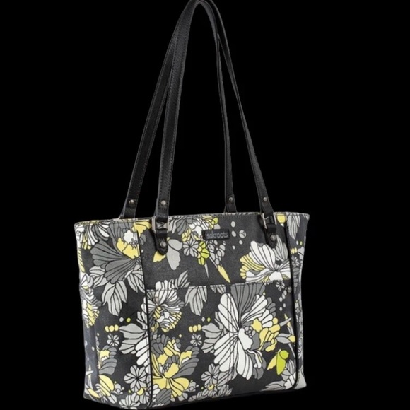 Sakroots Gray Yellow Flower Blossom Metro Tote Travel Bag Vacay Butterfly Charm - Picture 7 of 9